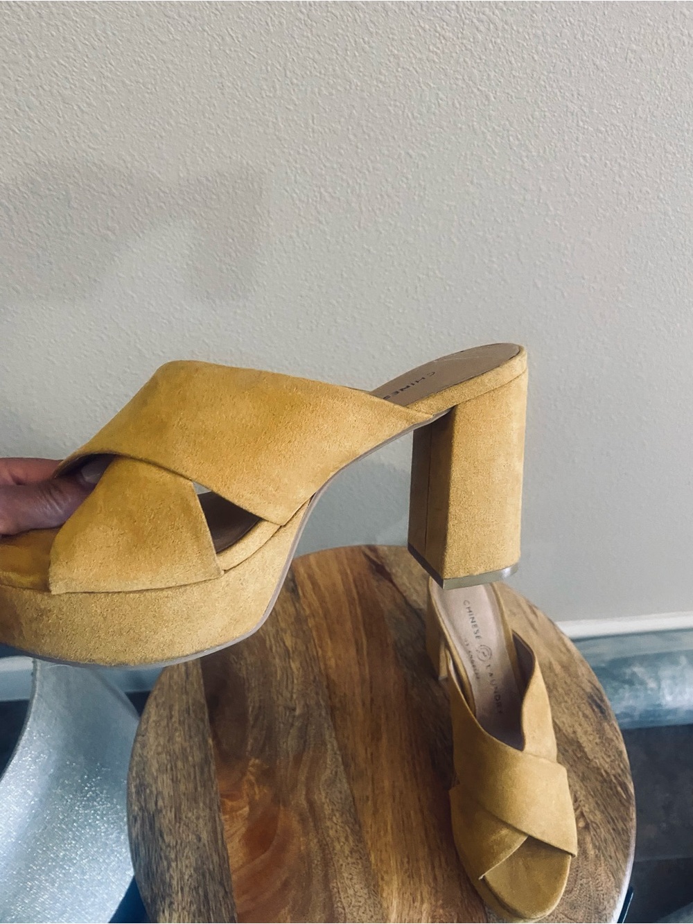 Chinese Laundry Mustard Suede Platform Mule Heels